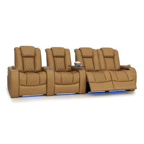 Image of Seatcraft Diamante Tan Oak Italian Leather Home Theater Seating, Zero Gravity Power Recliner Gaming and Home Office Chair Powered Headrest Lounge Sofa Furniture Cinema Room, Row of 4 Right Loveseats