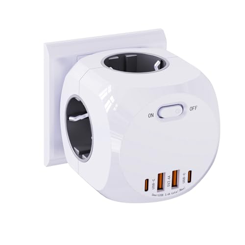 8-en-1 Cubo Enchufe, Enchufe Multiple con USB, 4AC Ladron Enchufes, 4 Enchufes,2 USB A, 2 USB C,4000W Cubo Regletas Enchufes para Oficina, Cocina y Habitación Grey
