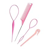Topsy Tail Hair Tools, 4pcs Hair Styling Tools for Girls, 2pcs French Braiding Tool Hair Loop Styling Tool 1pc Elastic Hair Bands Cutter, 1pc Rat Tail Comb for Children Girls(Pink)