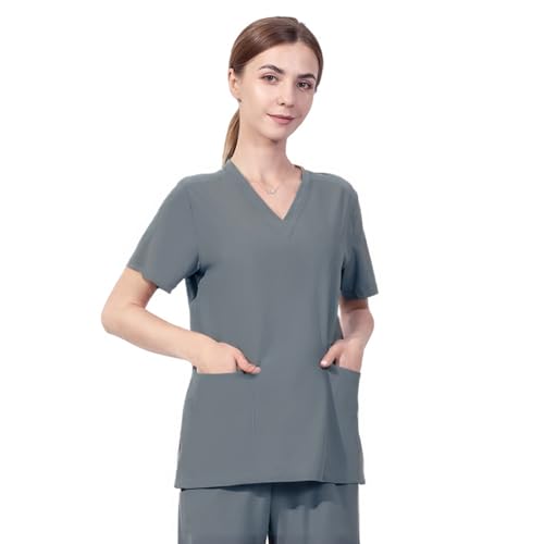 Meichoon Q-DK56 - Ropa quirúrgica de manga corta con cuello en V para mujer, con 2 bolsillos, suave, elástica, absorbe el sudor y transfiere la humedad, gris, S