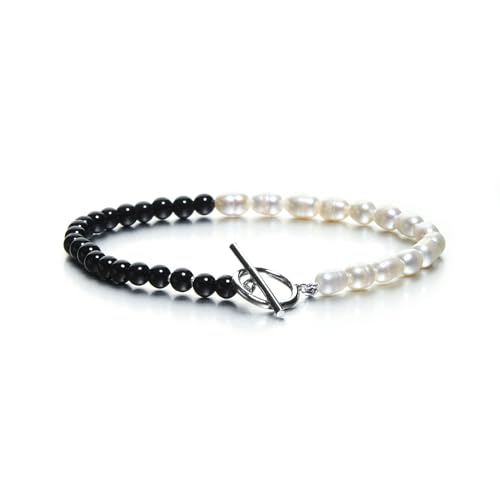 Image of Jo & Co. Bracelet with Half 4mm Rice Freshwater Pearls & Half 4mm Round Black Agate Beads – Sterling Silver Rhodium-Plated Toggle Clasp (Black Agate)