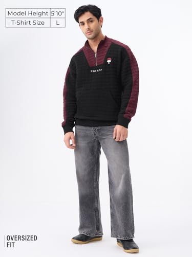 Image of The Souled Store Naruto Shippuden: Shadows of The Uchiha Men and Boys Long Sleeve Mock Neck Black and Maroon Quilted Colour-Block Cotton Blend Oversized Sweatshirt