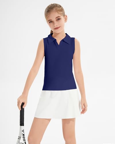 Image of Girls Sleeveless Polo Shirts, Kids V Neck Golf Shirts Blouses, Quick Dry Athletic Girls Tennis Tank Tops, Size 5-14