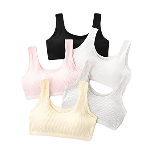 Berun Mädchen Sport BH Baumwolle Bustier breite Träger Trainings Bra Trägertop mit abnehmbaren Pads für Kinder Teenager 3/4/5 Pack, 12-15 Jahre, Weiß+grau+hautfarben+rose+schwarz Cover