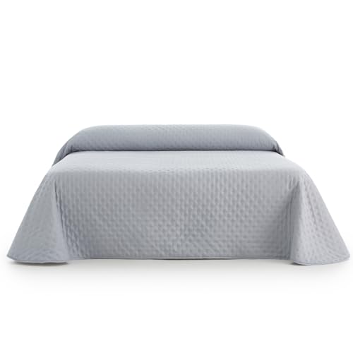 Sanelitex | Colcha de Cama Habitat | Color Gris Claro | Cama de 150 | Reversible | Tacto Extrasuave | Hecho en España