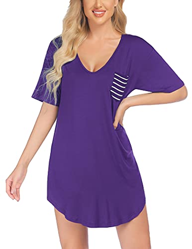 Ekouaer Sexy Pajamas For Women V-Neck Casual Sleepwear Slim Mid-Thigh Length Sleepshirt (Purple,Small) #TOP3