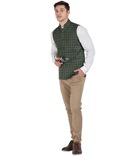 Image of Men's OLIVE GREEN & BLACK Checkered Bandhgala Ethnic Nehru Jacket Waistcoat