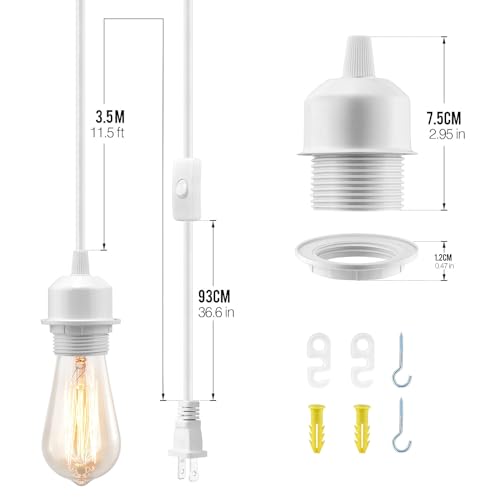 3Pack Plug in Hanging Light Kit, E26/E27 Vintage Hanging Lights with Plug in Cord, Retro Pendant Light Kit, 12FT Cord with On/Off Switch, Pendant Light Cord for Hanging Light(White) by SLYYMY - Image 7