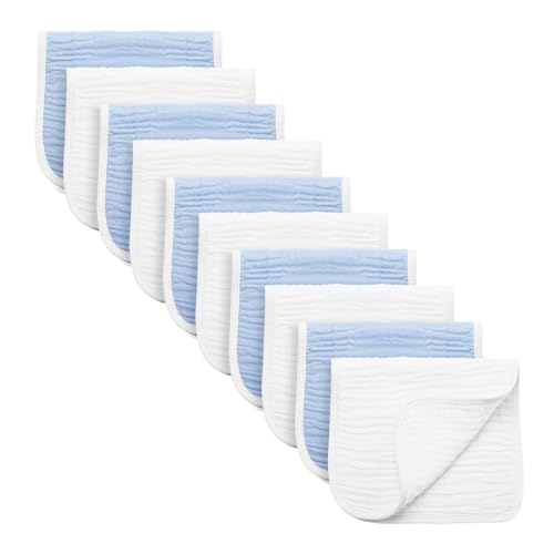 Image of Synrroe Burp Cloths Large, Muslin Burp Cloths for Baby Girls and Boys, Pack of 10 Extra Absorbent and Soft Muslin, 6 Layers 20 by 10 Inches 100% Cotton (Blue-White 10 Pack)