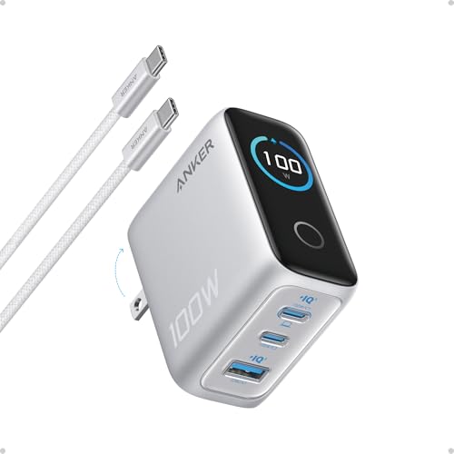 Anker 100W Max USB C Charger Block, 3-Port GaN and Ultra-Compact Wall Adapter, Smart Display and Touch Control, for MacBook, iPad, iPhone 17/16 Series, and More (Non-Battery) (Silver)
