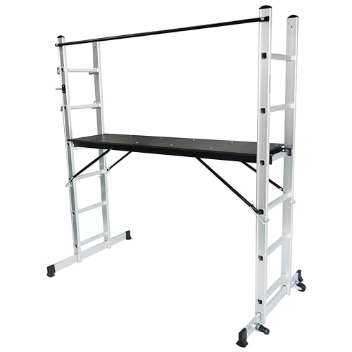 Aluminium Scaffolding Ladder Stable Multifunctional with Work Platform: Mobile Scaffolding Platform Ladder Combination Scaffold Multi Purpose Aluminium Work 3 in 1 with Two Wheels