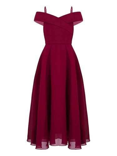 Jhaoyu Mädchen Sommer Kleid Schulterfrei Elegant Blumenmädchenkleider Prinzessin Hochzeit Abendkleid Lang Ballkleid Swingkleid Brautjungfer Kleid Burgundy 146-152