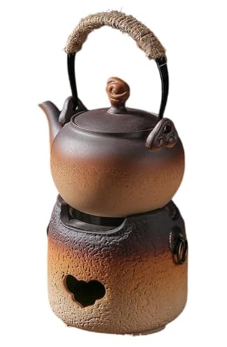 Fiyyuga 陶器ティーポット、急須、陶磁器、直火、深蒸し、伝統工芸、茶道セット、ヴィンテージデザイン、耐熱、黒、持ち運び可能、かわいい、、家庭用、ティーセット (鍋 + コンロ,D)