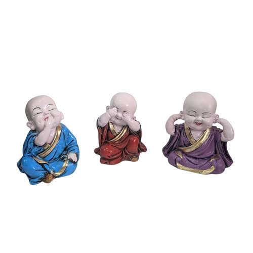 Image of eCraftIndia Resin Blue, Red & Purple Think No Evil, Speak No Evil, Hear No Evil Set of 3 Cute Little Monk Buddha Statues Decorative Showpieces for Car Dashboard, Home & Office Decor