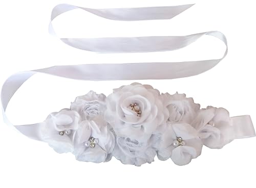 Oyabridal Wedding Bride Belt Floral Sash Belts for Maternity Dresses Floral Belt Sash Girls Women Baby Shower (White)