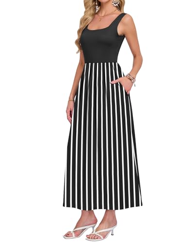 AUSELILY Women's Summer Maxi Dress Square Neck Sleeveless Floral Loose Long Hawaiian Beach Vacation Dresses with Pockets Black White Stripes L - image 2