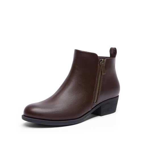 DREAM PAIRS Women's Ankle Boots Classic Low Chunky Heel Side Zipper Booties Shoes,Size 8,BROWN-PU,SDAB2440W