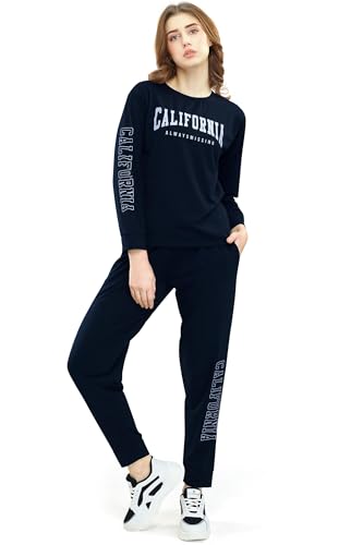 Image of ZEYO Women's Cotton Typography Printed Relaxed Night Suit Set of Top & Joggers