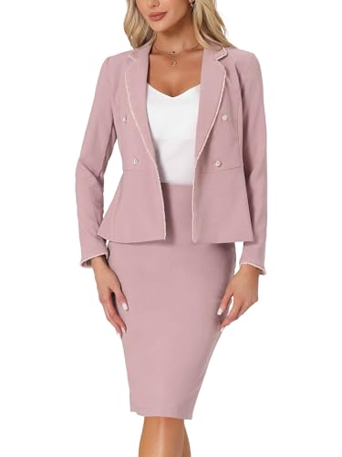 Allegra K Women's 2 Piece Skirt Sets Tweed Trim Long Sleeve Blazer Pencil Skirt Business Suits Work Outfits Medium Pink