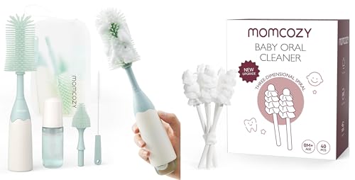 momcozy US Momcozy Bottle Brush Kit, Innovative Push-Press Design for Better Cleaning & Momcozy Baby Tongue Cleaner Gauze