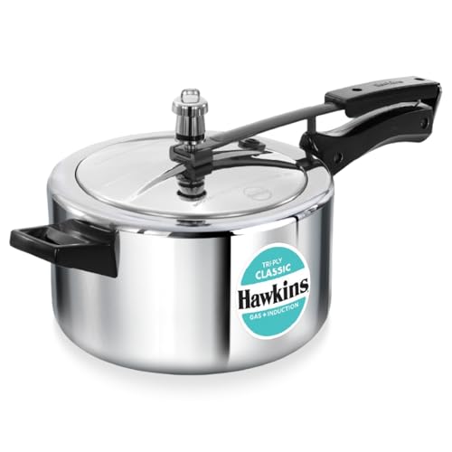 Image of Hawkins Classic 4 Litre Triply Stainless Steel Pressure Cooker | Straight Body | Induction & Gas Compatible | Ideal for 4-6 persons | ISI Certified | Guaranteed for 1 year | Silver (SSTCL40)
