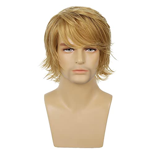 Wiwige Mens Blonde Wig Short Layered Natural Fluffy Wig Synthetic Heat Resistant Halloween Cosplay Hair Wig #TOP1