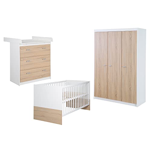 roba Chambre Bébé Complète Gabriella - Lit Évolutif 70 x 140 cm + Commode à Langer Étroit + Armoire 3 Portes - Blanc/Décor Bois