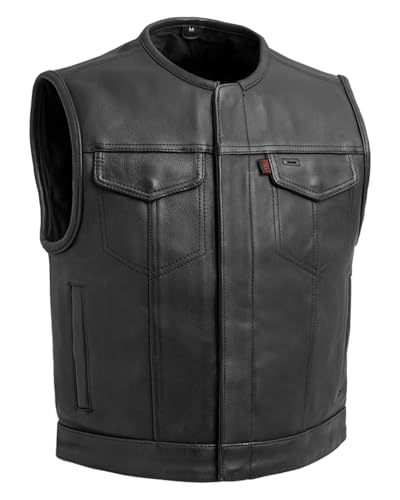 First Mfg Co Lowside men's Leather vest: 3' shorter, half-size smaller, 1.3-1.4mm cowhide, mesh lining, roll-up collar, YKK zippers.