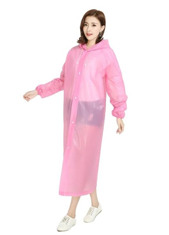 Women EVA Plain Transparent Rain Coat Hooded Outdoor Water Resistant Portable Raincoat Suit (Light Pink)