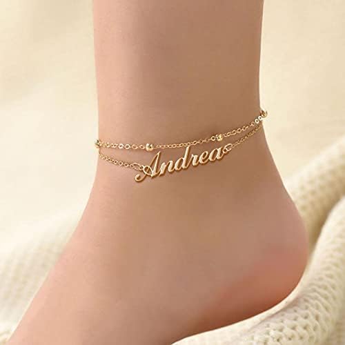 Dreamdecor Layer Name Anklet Personalized for Women, 18K Gold Plated Custom Link Chain Anklet Bracelet Adjustable Beach Bracelet for Women