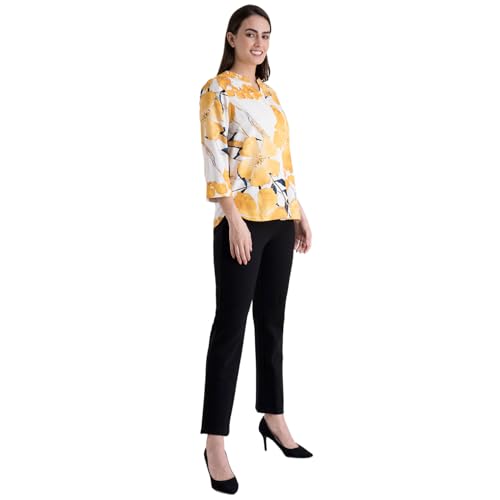 Image of FableStreet Women Shirt Work & Casual | Relaxed Fit Mandarin V-Neck Three-Quarter Sleeves Solid Pattern | Breathable Woven Fabric for Office & Everyday Wear