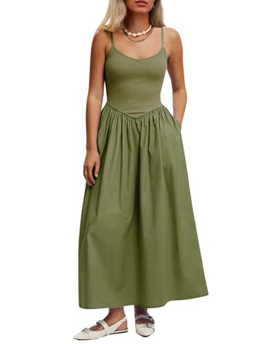Image of Mieazom Women's Sleeveless V-Neck Maxi Dress with Pockets - Slim Fit Casual Summer Spaghetti Strap Dress for Vacation