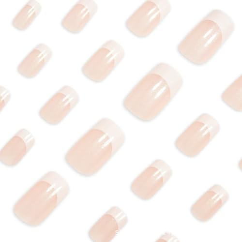 Image of French Tip Press on Nails Short Square Nail Press ons Chrome Fake Nails with Design Glossy Glue on Nails Artificial Acrylic Full Cover Stick on Nails Glossy False Nails for Women Girls Manicure 24Pcs