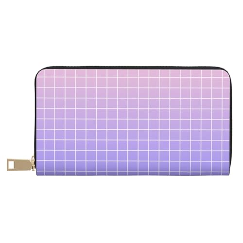 Leather Thin Slim Wallets for Women & Men - Purple Pink Ombre Grid Print Card Wallet Holder with Zipper