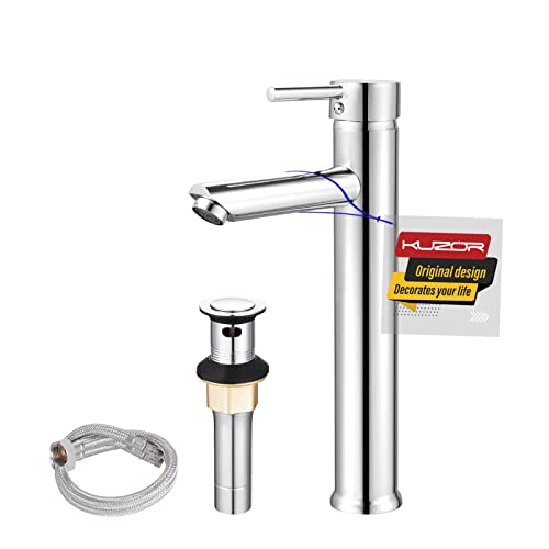Kuzor Vessel Sink Faucet 1 Hole Single Handle Tall Bathroom Sink Faucet Chrome Bathroom Faucet With Pop Up Drain Solid Brass Faucet For Bathroom Sink #TOP4