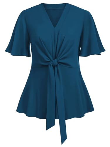 SCOMCHIC 2024 Women's Plus Size Peplum Tops Elegant V Neck Tie Front Bell Sleeve Flowy Blouses Shirts Dark Teal