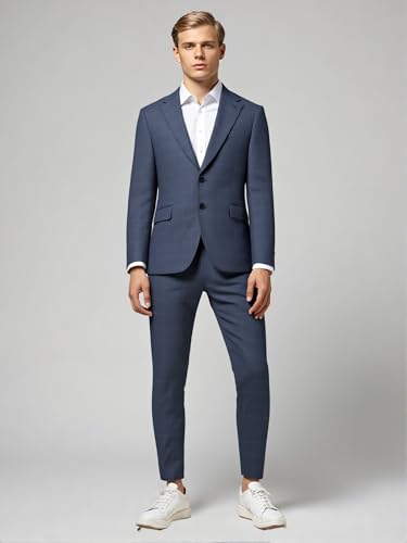 Men's Windowpane Check Suit, Navy Blue, 2-Piece Slim Fit, Two-Button Blazer with Matching Pants3