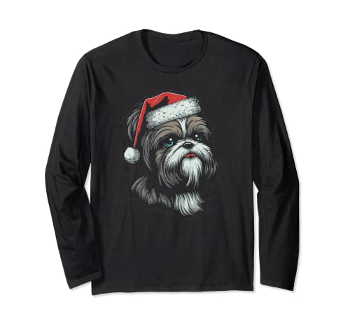 Cute Shih Tzu Santa Claus Hat Christmas Maglia a Manica