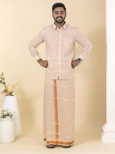 Image of RAMRAJ COTTON Men Gold Tissue Jacquard Full Sleeves Shirt with Matching Dhoti Set