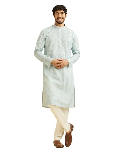 Image of Manyavar Men's Cotton Blend Floral Print & Chikankari Kurta Set (2pcs)