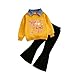 Girls Denim Patchwork Collar Bow Print Sweatshirt and Flare Pants Clothing Set Cute 2 Piece Outfits for 2-7 Years