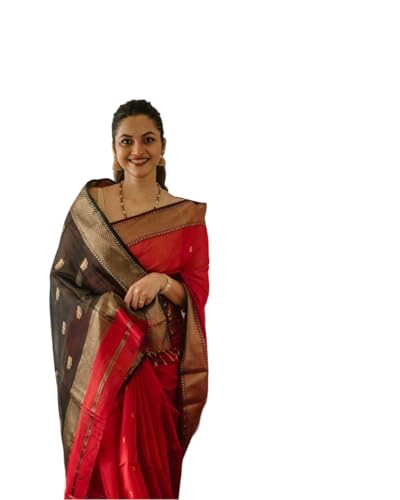 Image of Flosive Women's Cotton Red Silk Saree With Weaving With Blouse