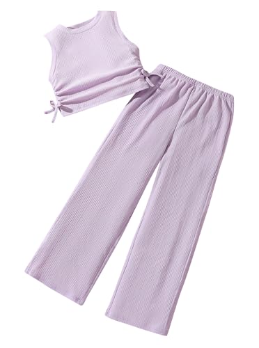 Image of Girls Summer 2 Piece Outfits Ruched Sleeveless Tank Top and Straight Leg Pant Set