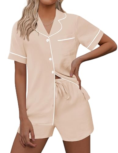 Image of Ekouaer Womens Pajama Set Short Sleeve Sleepwear Summer Button Down Nightwear Lounge Set Soft Pjs S-XXL