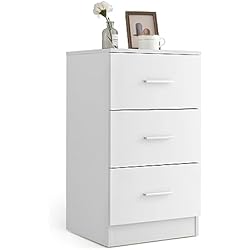 Mueble Baño Cajones Blanco GOPLUS Cómoda de noche de madera, consola de noche con 3 cajones, mesa de noche universal para dormitorio, salón o estudio, cómoda mesa auxiliar de 67 cm de alto (blanco, juego individual)