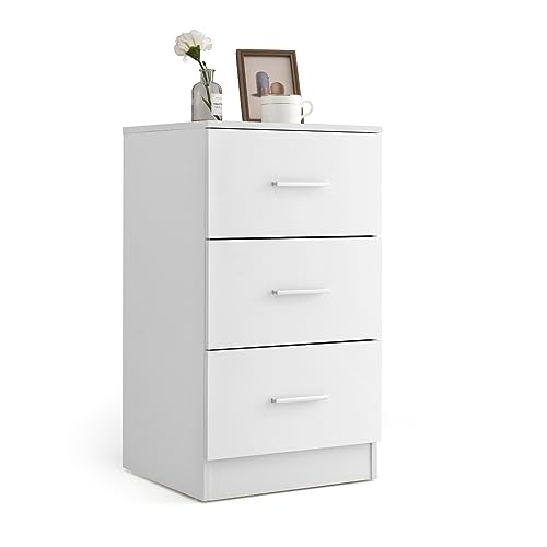 GOPLUS Mesilla de Noche, con 3 Cajones, Mesa Auxiliar para Dormitorio, Salón, Oficina, Mesita de Noche de 67 cm de Alto (Blanco, 1 Pieza)