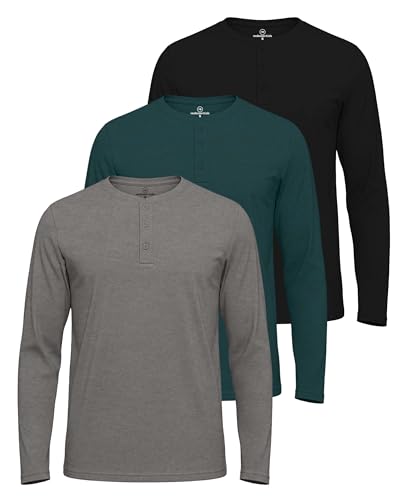 Image of Real Essentials 3 Pack: Mens Casual Long & Short Sleeve Cotton Henley Lightweight Button T-Shirt, Long Sleeve - Set