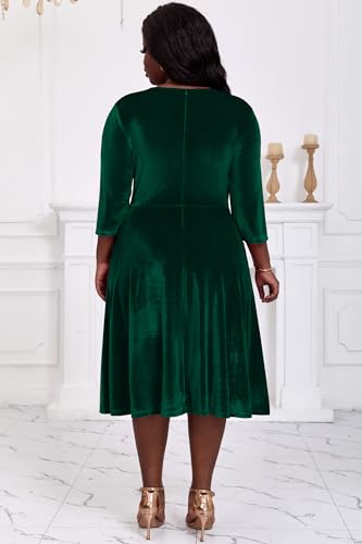 Image of Nmoder Women's Plus Size Stretchy Flared Wrap Dress Casual Wedding Guest Midi Dresses V Neck 3 /4 Sleeve A-Line Swing Dress