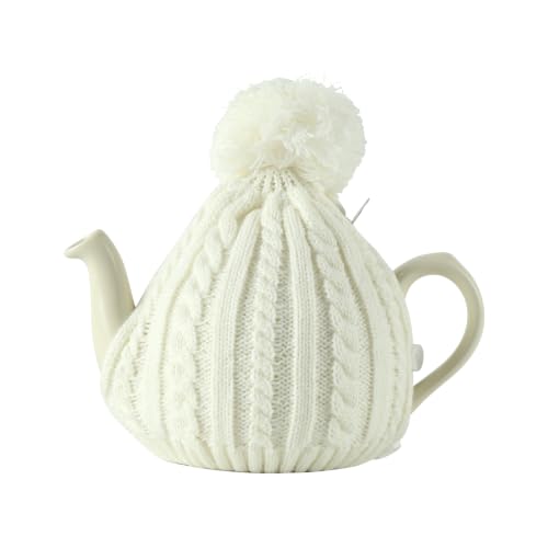 Image of One-Piece Cable Knit Teapot Cozy with Pom Pom Top, Acrylic Insulated Tea Pot Cover with 2 Button Fasteners & Lid Opening, British Style Hot Cold Insulator for 2 Cup 15-20oz Teapots,white