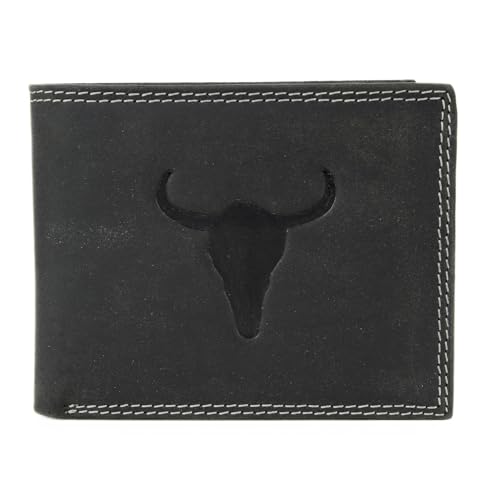 American Bison Men’s Bi-Fold Wallet – Embossed Bison Skull Leather Wallet with 2 ID Windows, 6 Card Slots, Dual Bill Compartments – Wooden Gift Box (Black)
